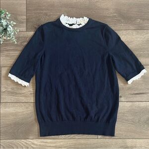 Boden Blue and White Crew Neck Sweater with Ruffle Trim - Medium